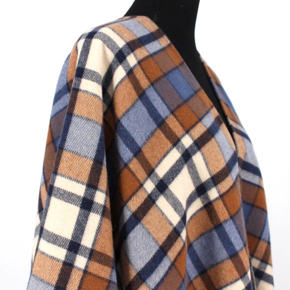 Doen Ember Wrap Saint Moritz Plaid Blue Tan Wool Cashmere Fringe Trim Small - Picture 4 of 7